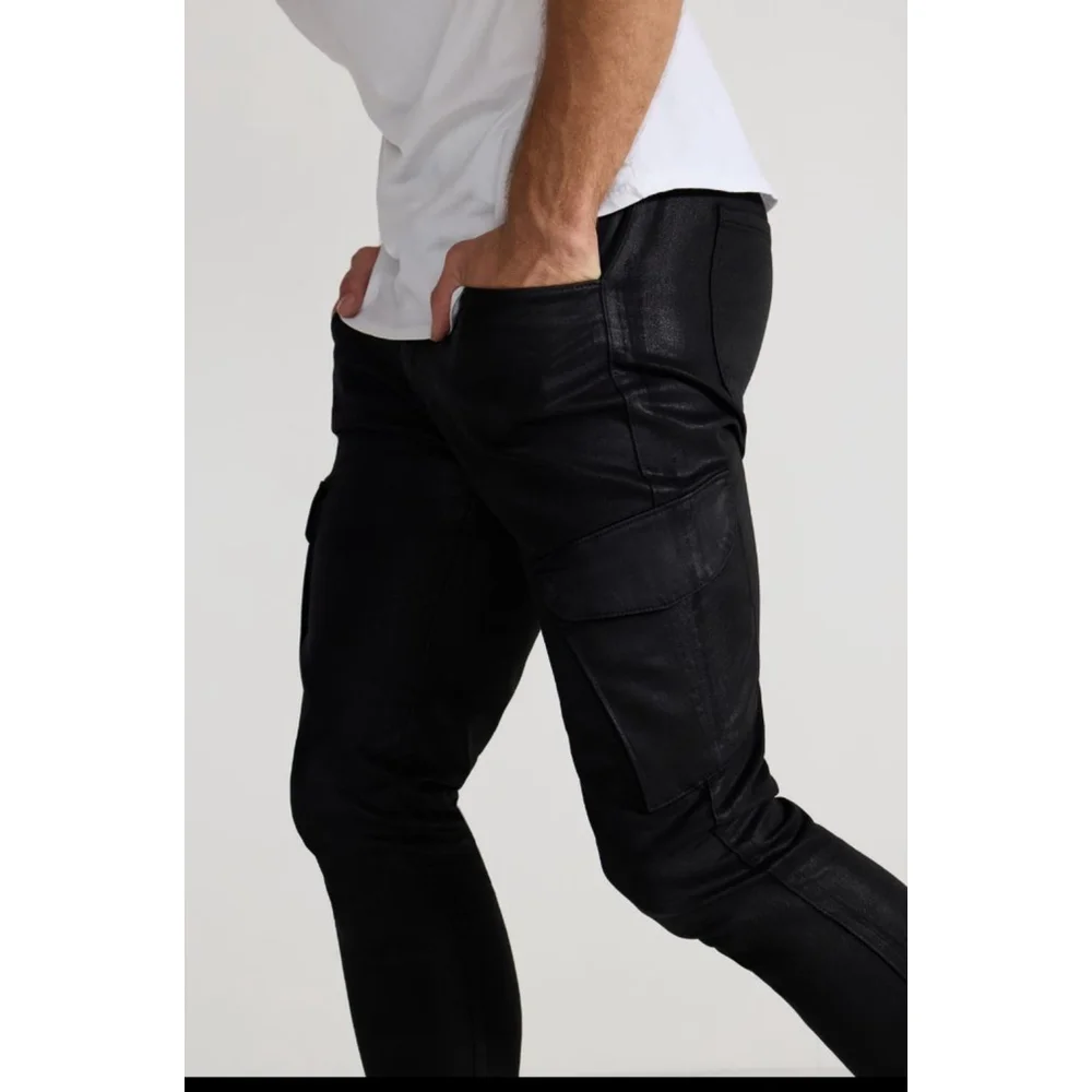 Monfrère Black Coated Cargo Pants Slim Fit Leather Look Size 38